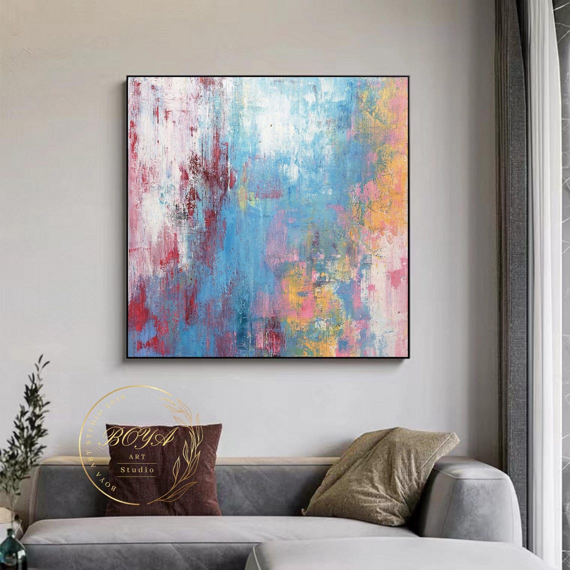 Blue Pink and Gold Textured Strokes Abstract Painting Poster - Image 5