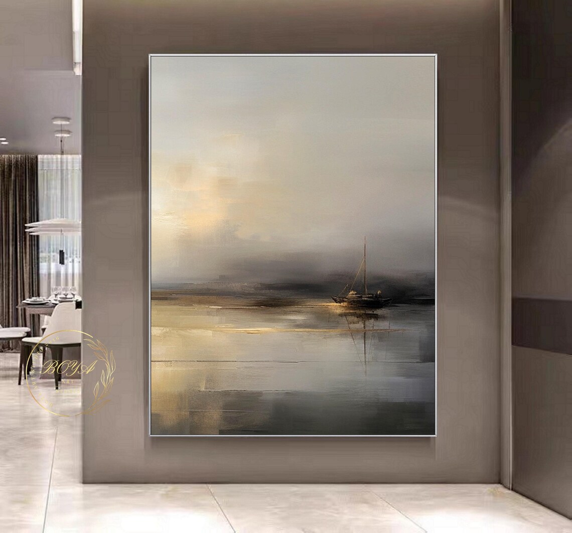 Lone Sailboat in Golden Mist Abstract Seascape Painting Poster - Image 3