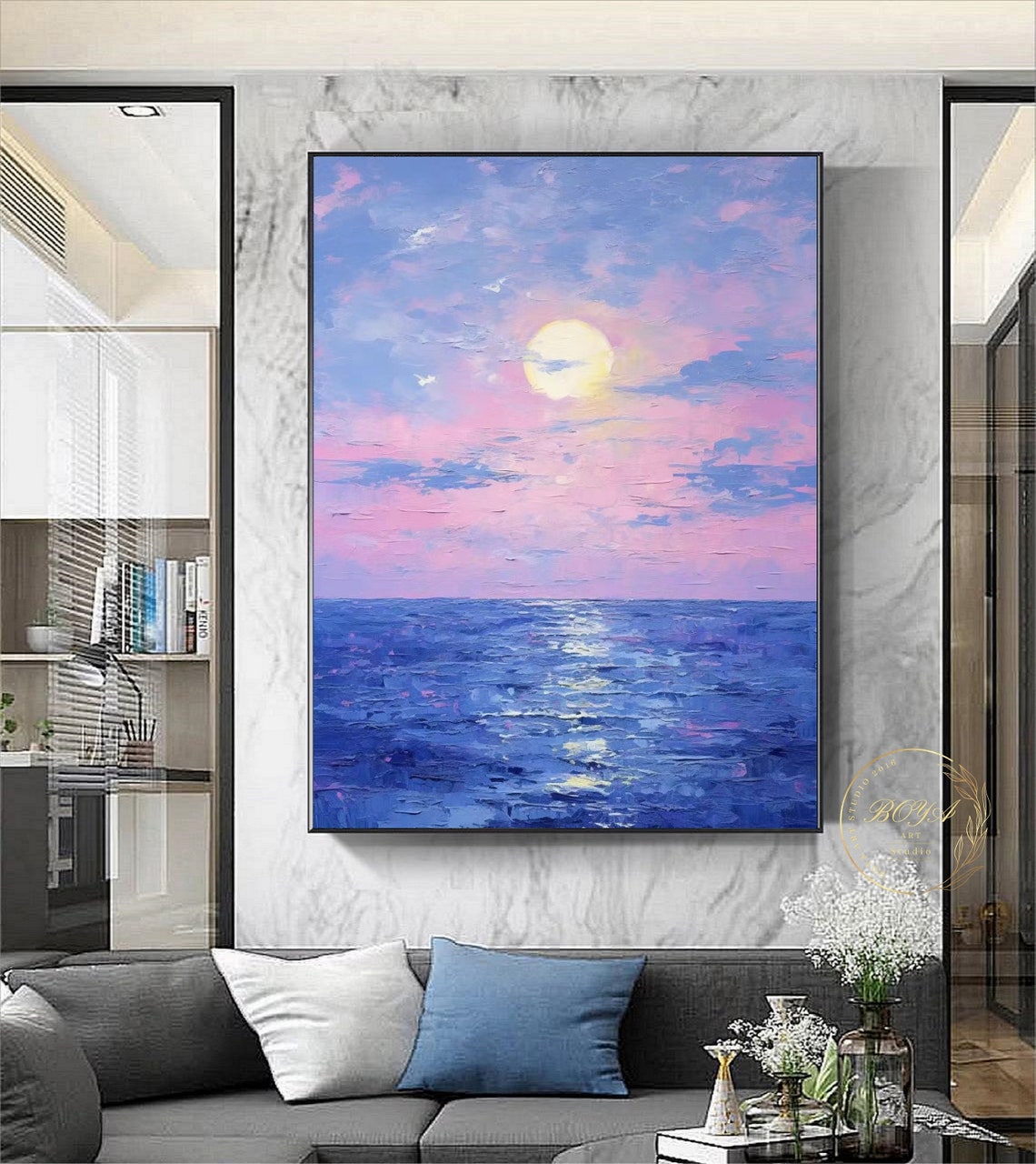 Glowing Purple and Pink Full Moon Rising Over the Ocean Poster - Image 5