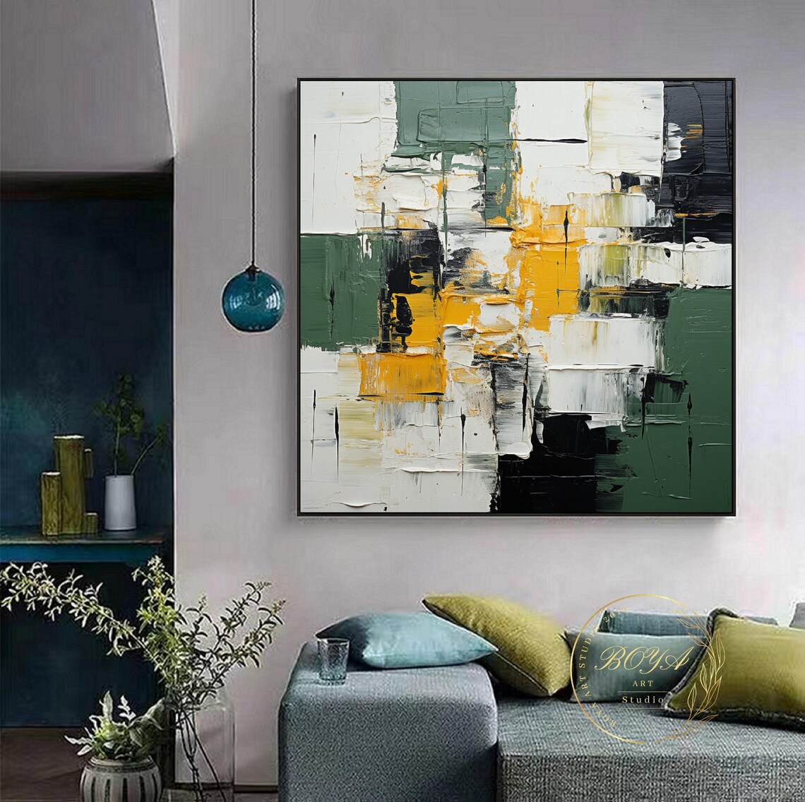 Large Green Textured Art Green Abstract Painting Minimalism Black White Abstract Art Yellow Textured Painting Original Modern Wall Painting - Image 4