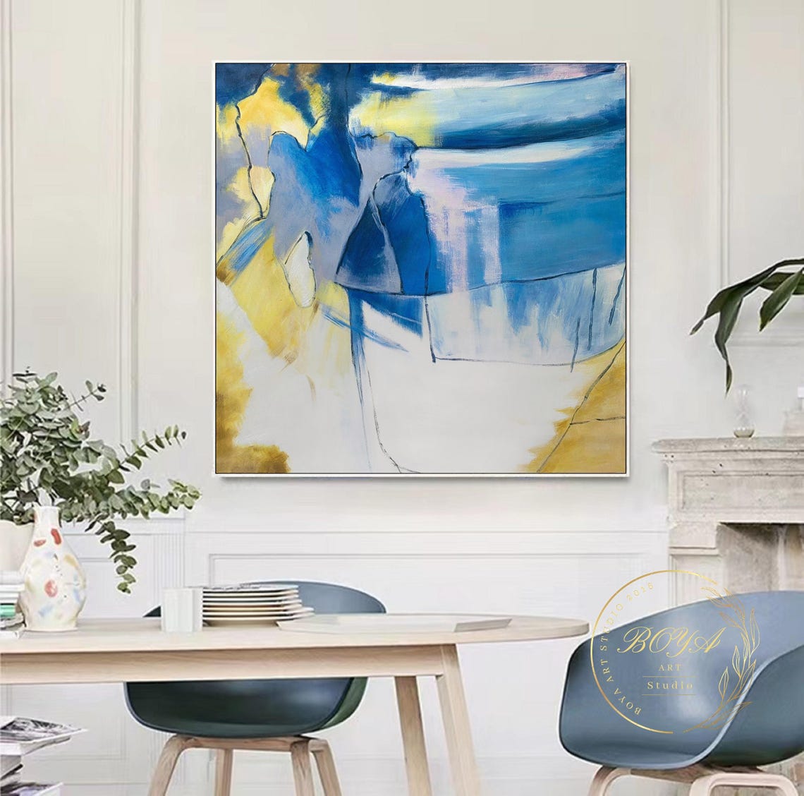 Large Blue Abstract Art Blue Textured Painting Yellow Wall Painting Modern Blue Wall Art White Wall Art Original Abstract Painting - Image 2