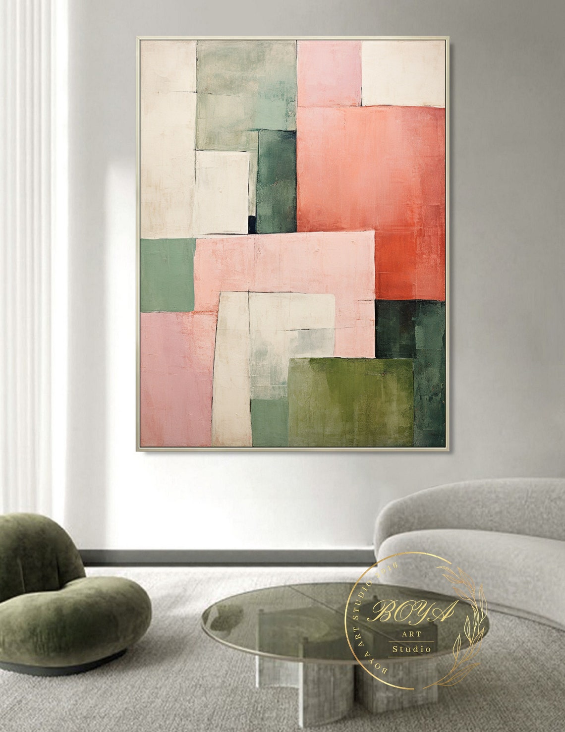 Soft Pink Sage Green and Cream Geometric Blocks Abstract Poster - Image 4