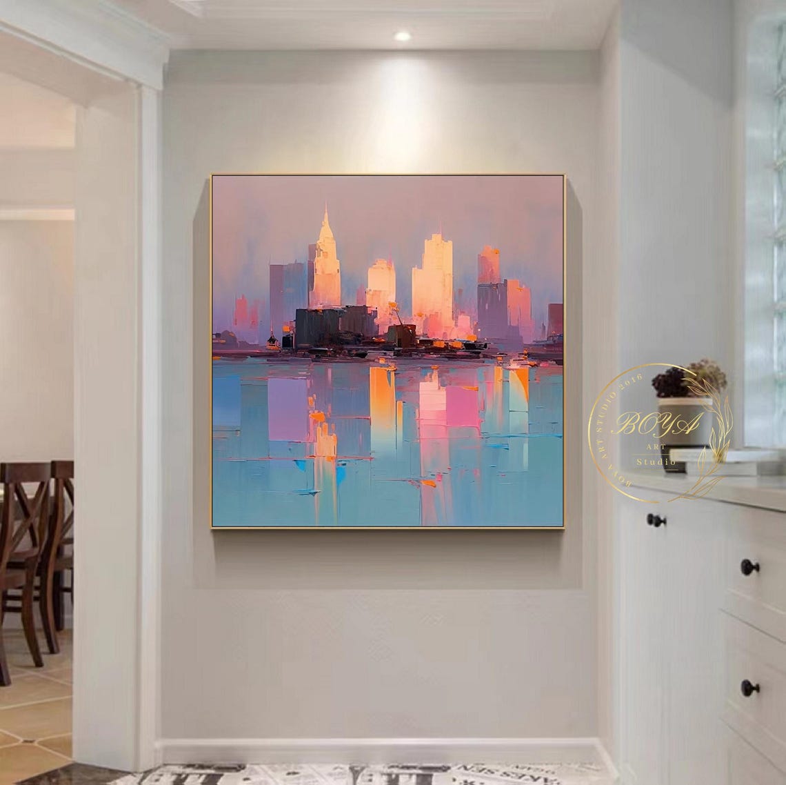 Romantic Pink City Skyline Reflected in Calm Blue Water Poster - Image 5