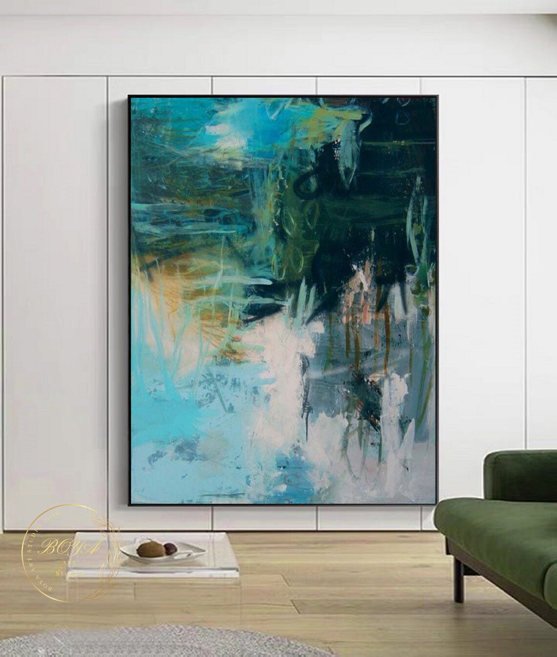 Leaf Abstract Painting, Modern Green Blue Art Print - Image 3