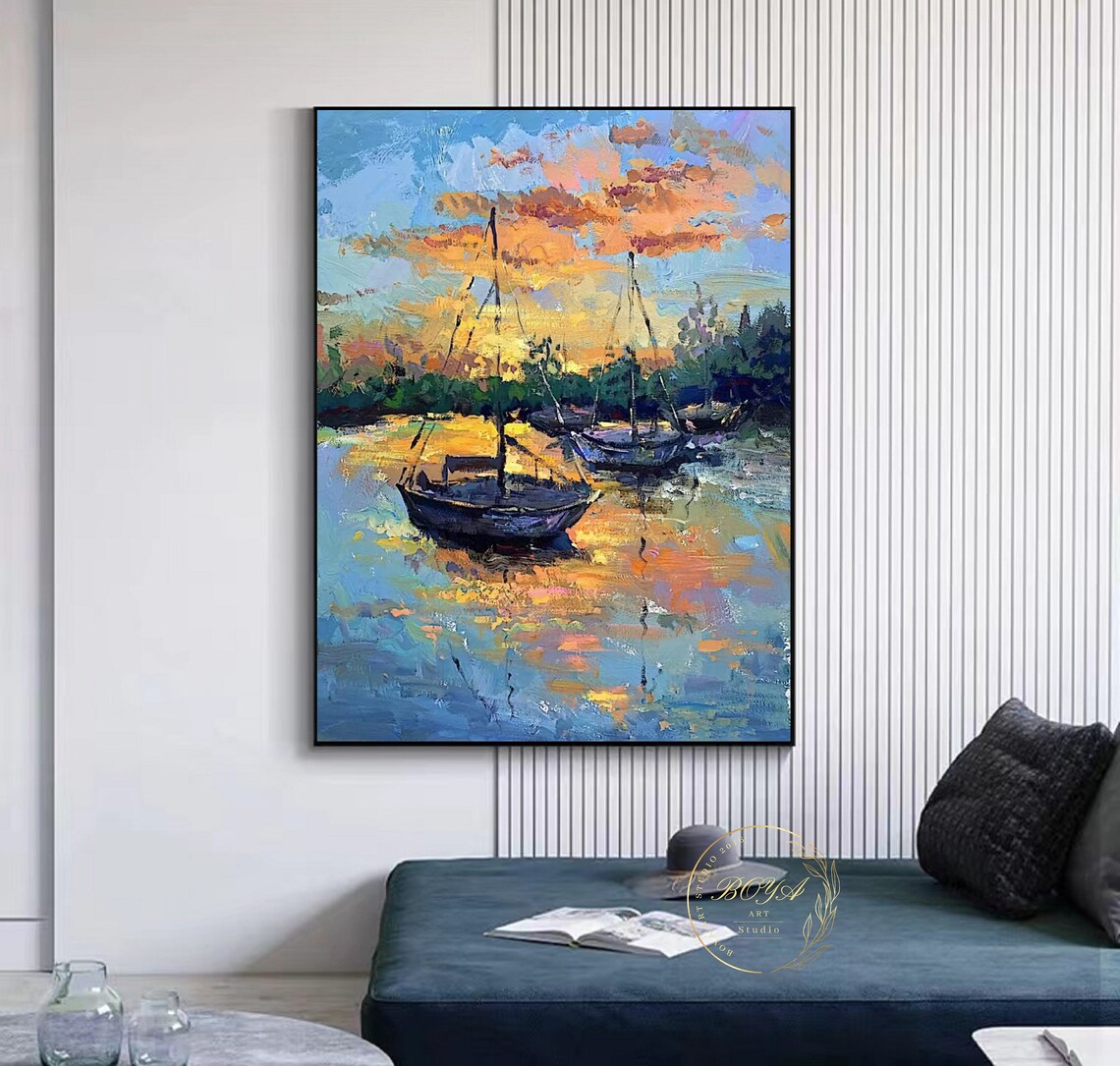 Sailboat Abstract Painting, Orange Sunset Seascape - Image 2