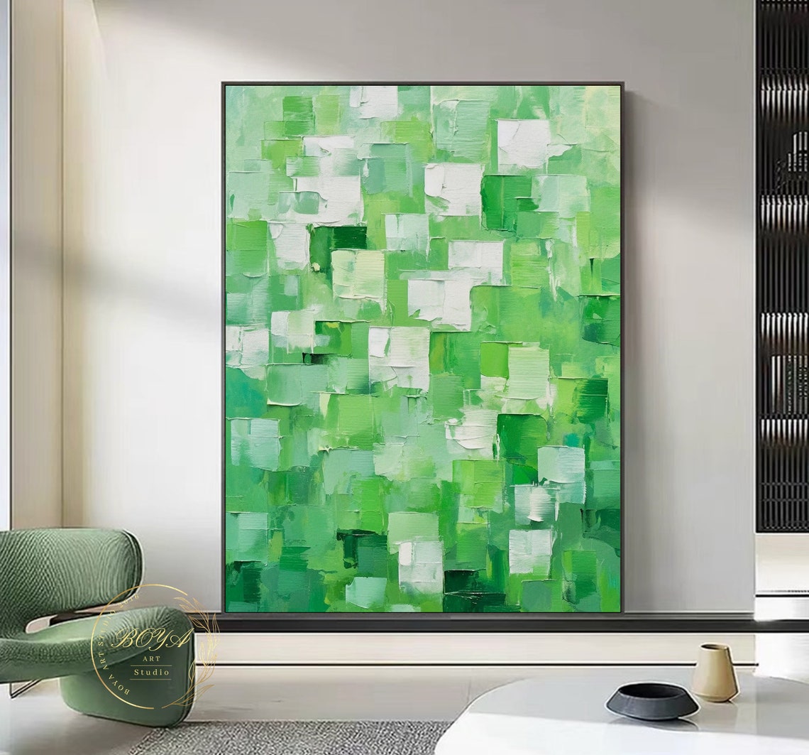 Fresh Green and White Mosaic Patches Abstract Painting Poster - Image 4