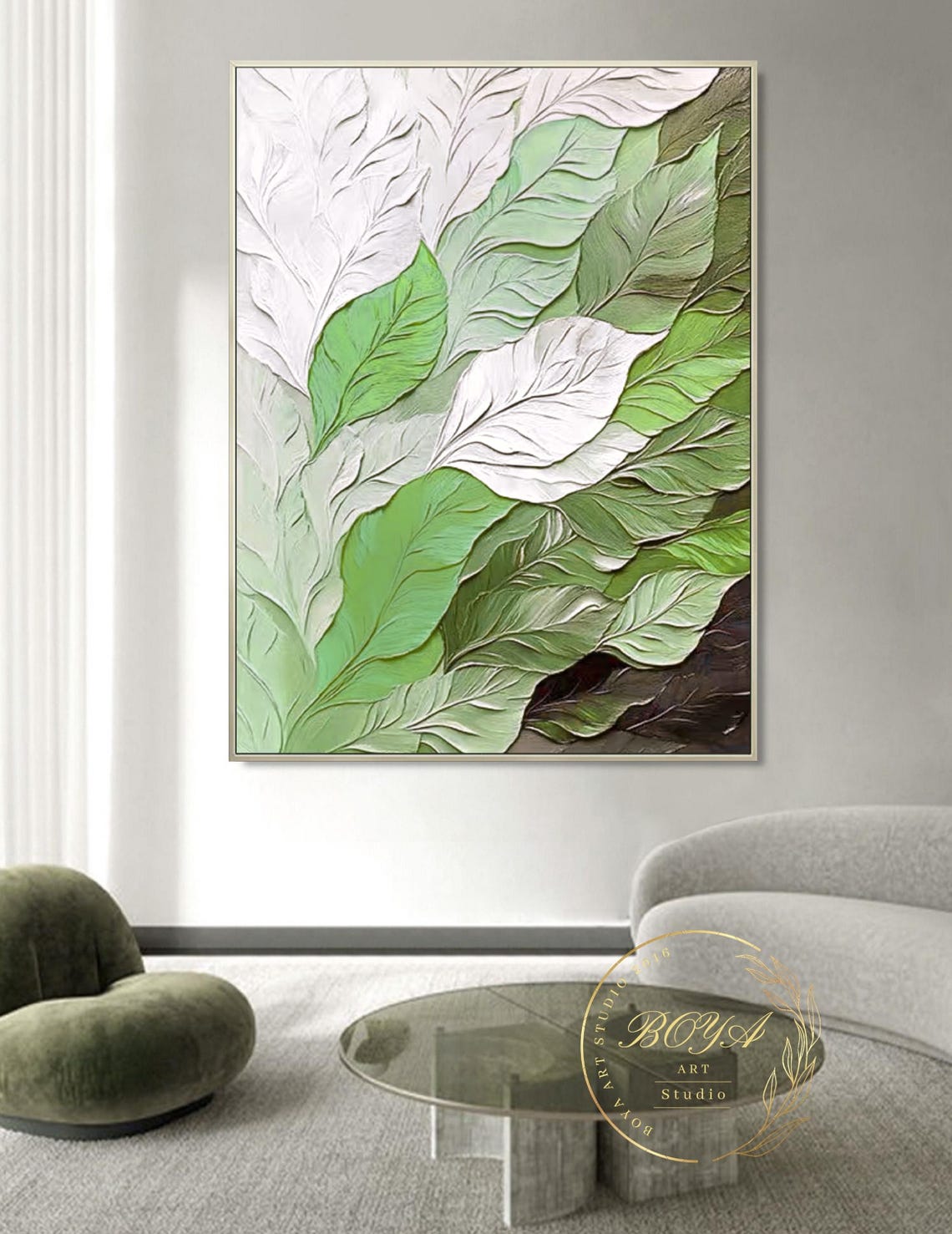 Sculptural White and Green Textured Leaves Botanical Wall Art - Image 5