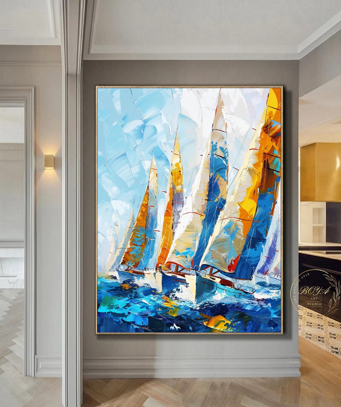 Sailboat Regatta in Orange and Blue Abstract Nautical Art Poster - Image 3