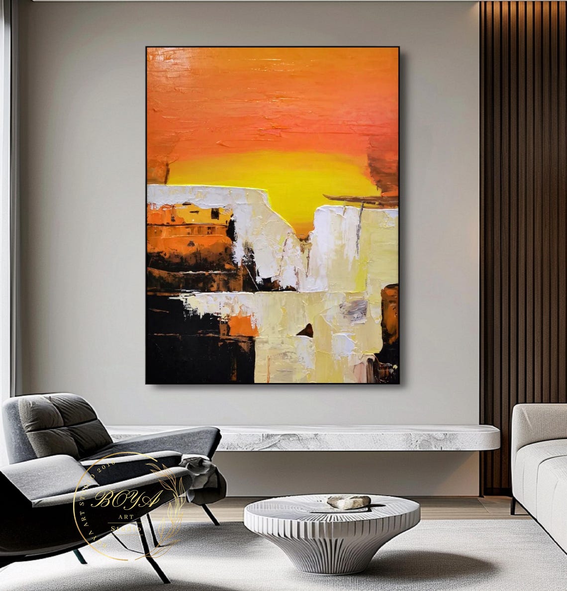 Orange Sunset Over White Cliffs Abstract Landscape Artwork Poster - Image 3