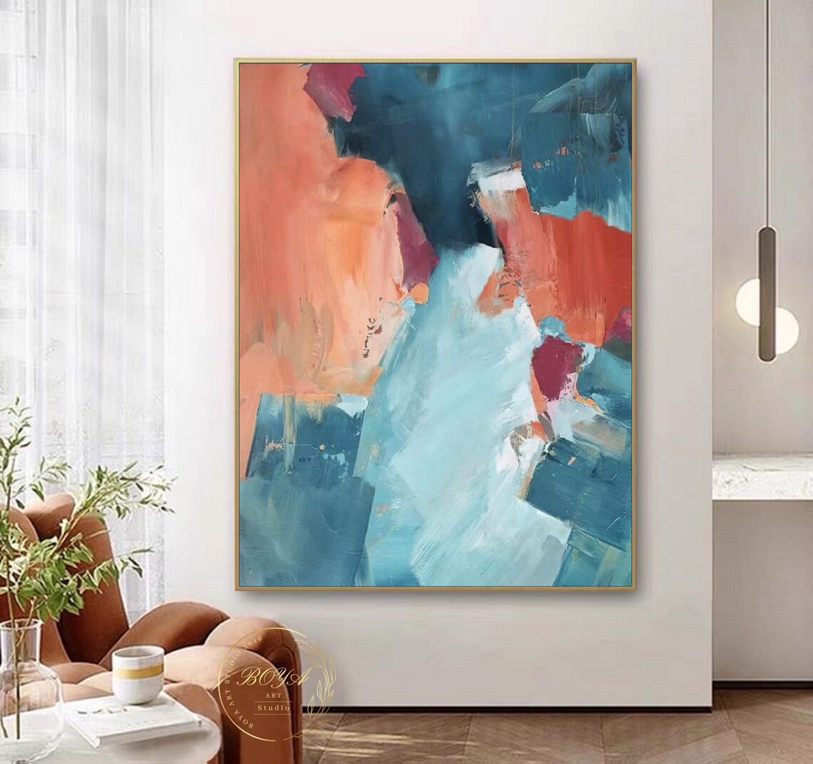 Peacock Blue and Orange Abstract Wall Art Print - Image 4