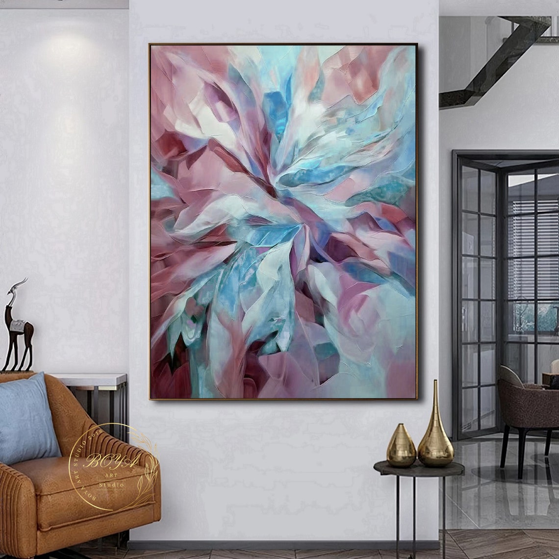 Pink and Blue Abstract Bloom Flower Textured Painting Art Poster - Image 4