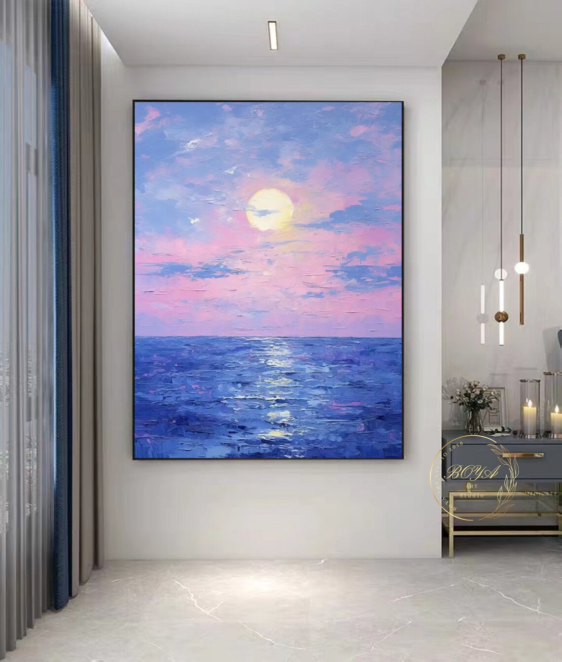 Glowing Purple and Pink Full Moon Rising Over the Ocean Poster - Image 3