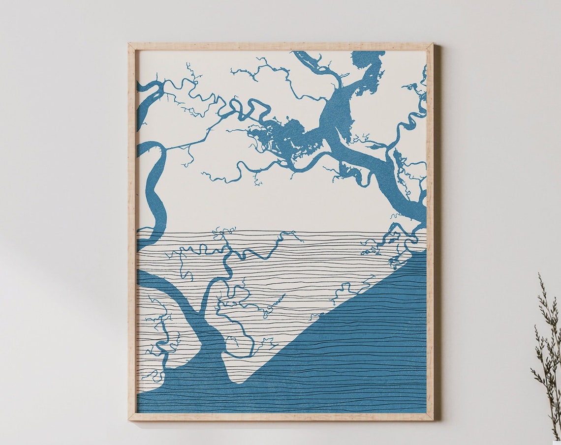 Edisto Island Waterways Boho Blue Map Abstract Coastal Art Print