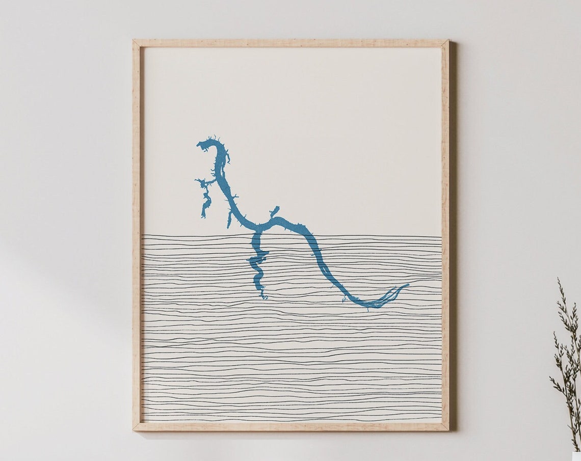 Pickwick Lake Map Silhouette Blue Line Art Boho Lakehouse Poster