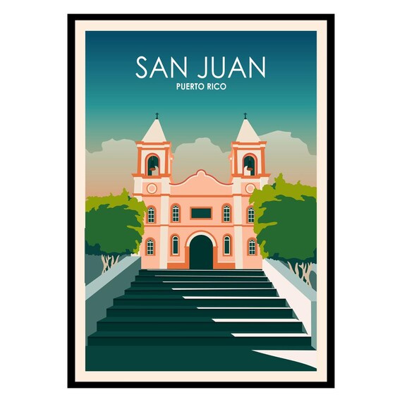 San Juan Puerto Rico Cathedral Twin Towers Vintage Travel Poster
