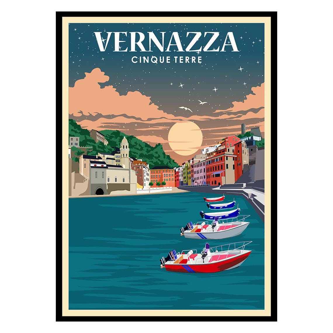 Vernazza By Night Cinque Terre Italy Starry Sky Seaside Town Poster