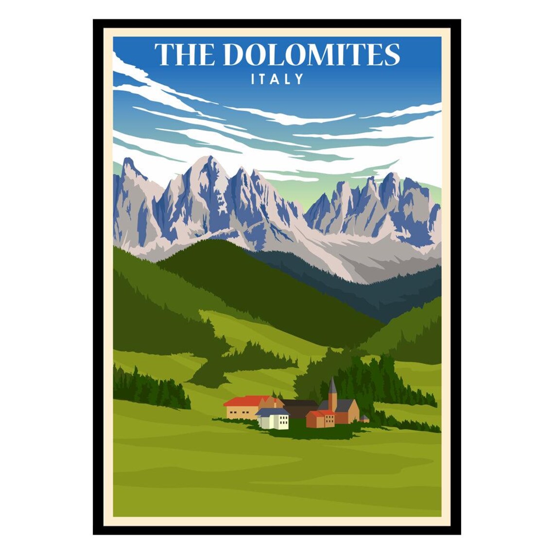 The Dolomites Italy Alpine Mountain Village Vintage Travel Poster