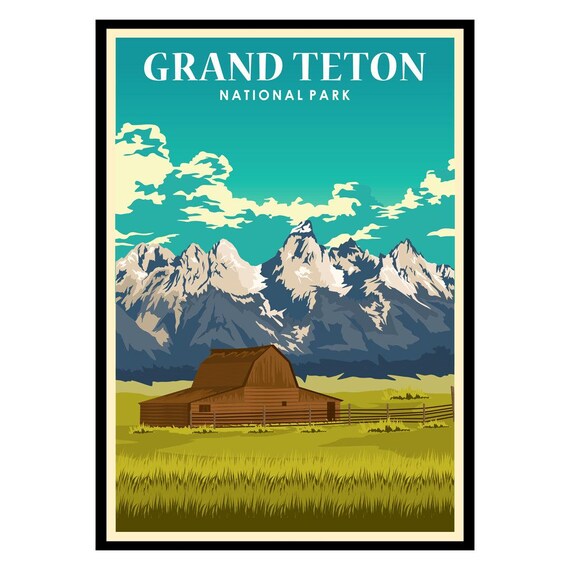 Grand Teton National Park Vintage Travel Poster Barn Snow Peaks