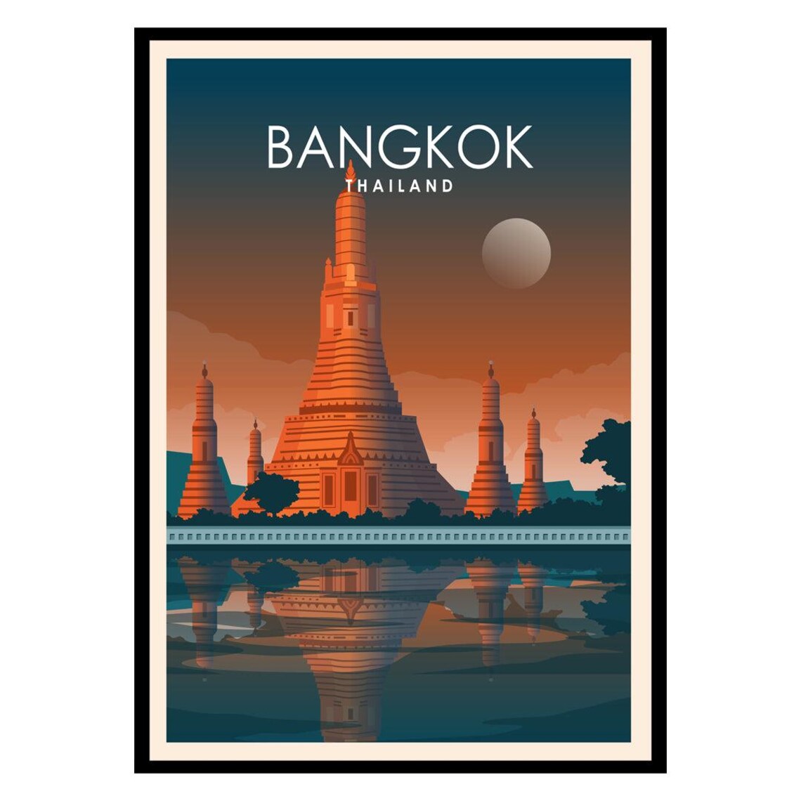 Bangkok Thailand Riverside Temple Night Vintage Travel Poster
