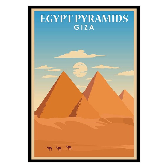 Egypt Pyramids Giza Vintage Desert Camel Travel Illustration Poster