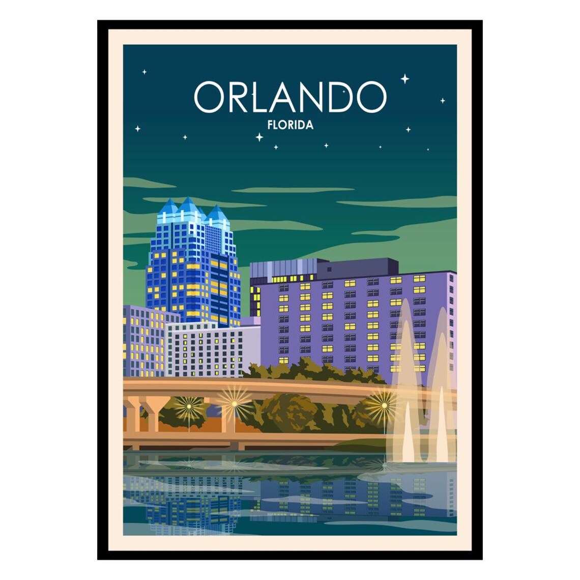 Orlando Florida City Night Skyline Lake View Retro Travel Poster