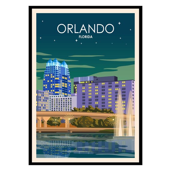 Orlando Florida City Night Skyline Lake View Retro Travel Poster