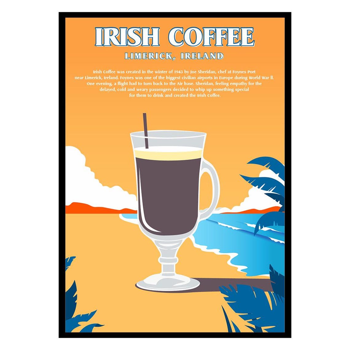 Irish Coffee Limerick Ireland Retro Sunset Beach Bar Art Poster