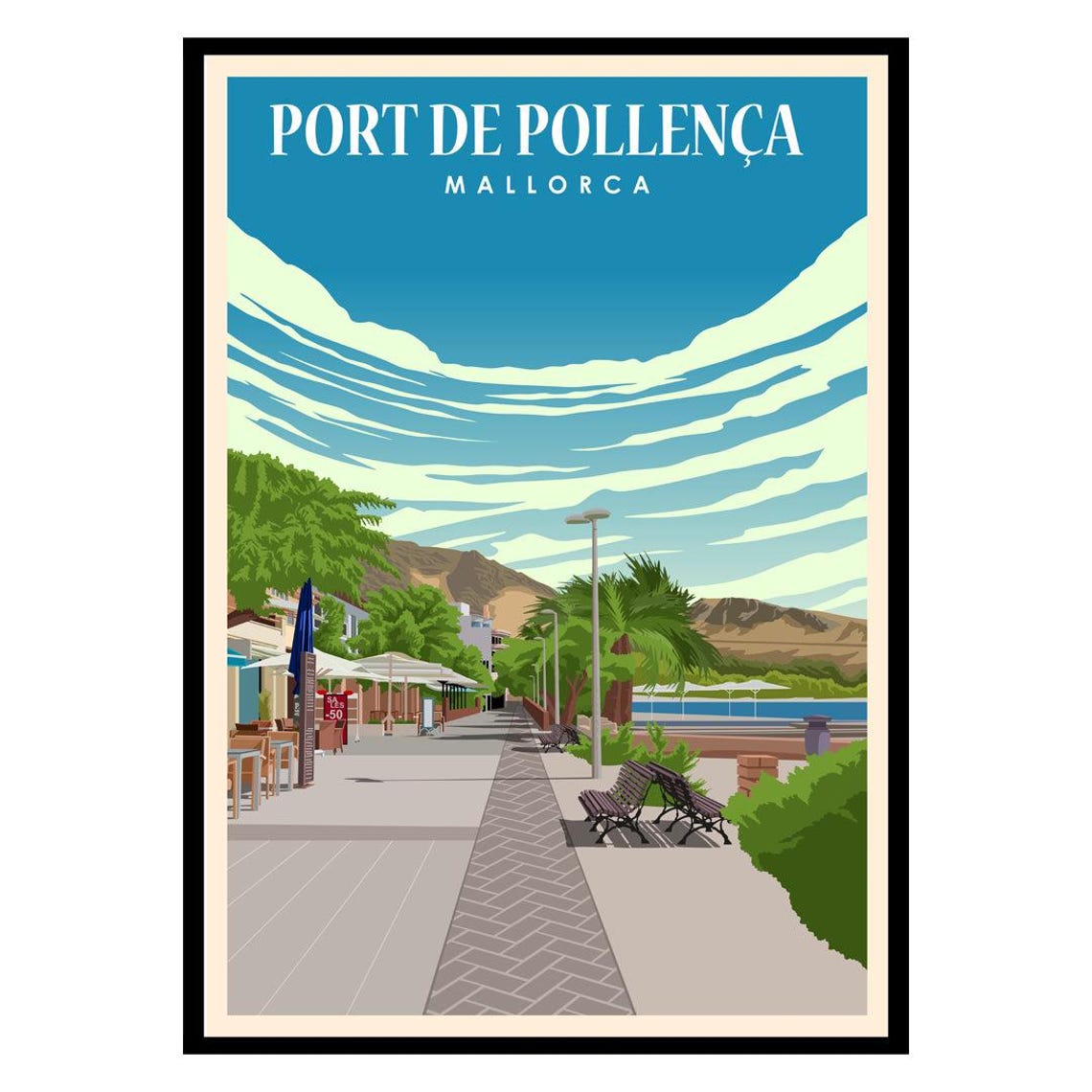 Port de Pollenca Mallorca Seaside Promenade Retro Travel Poster