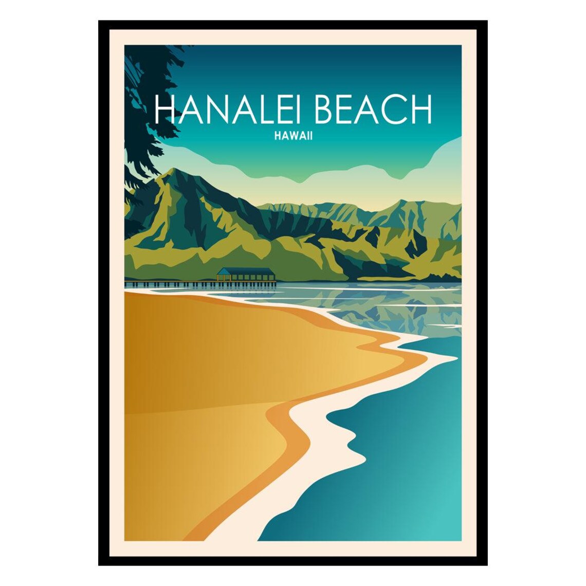 Hanalei Beach Hawaii Golden Sand Pier Mountain Coast Travel Poster