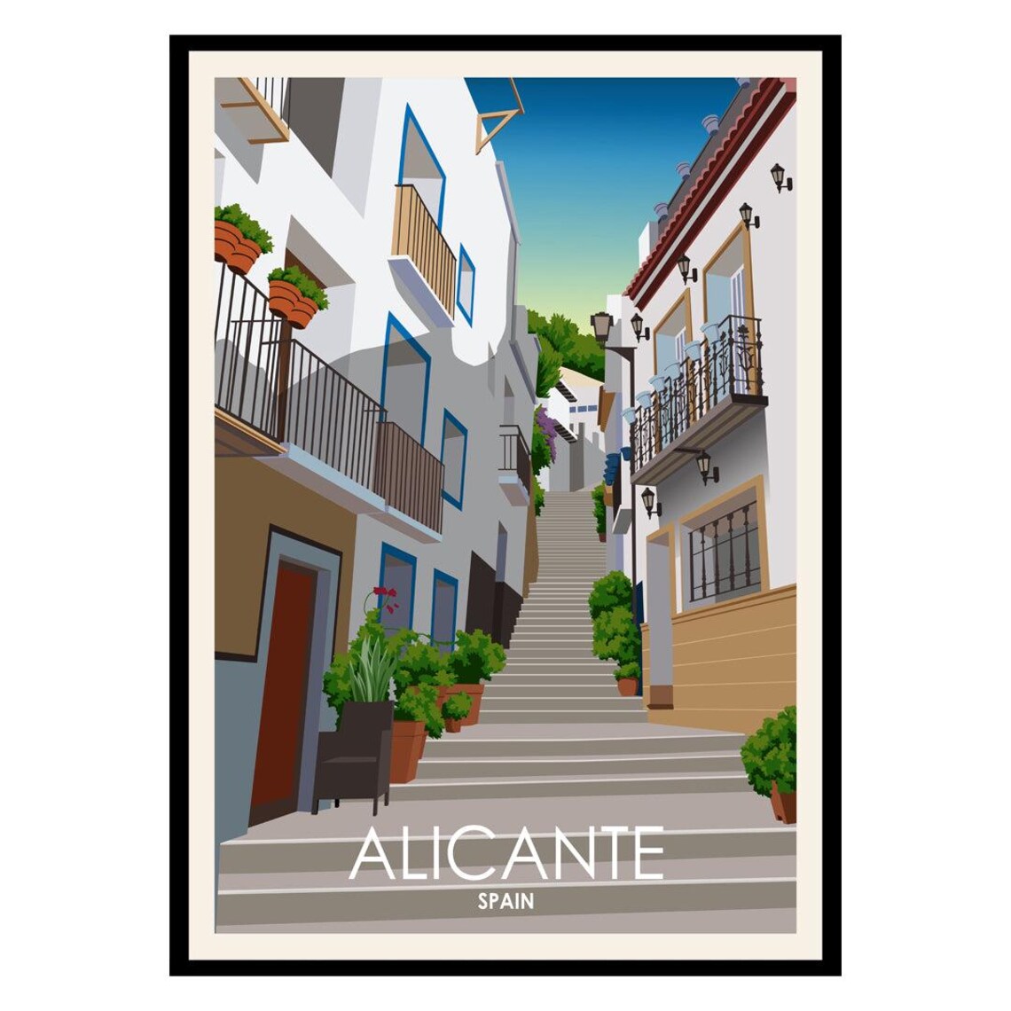 Alicante Spain Old Town Steps Vintage Travel Poster White Houses