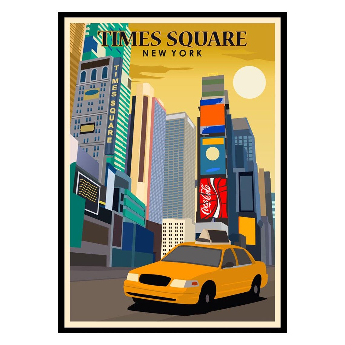 Times Square New York Yellow Taxi Retro City Night Travel Poster