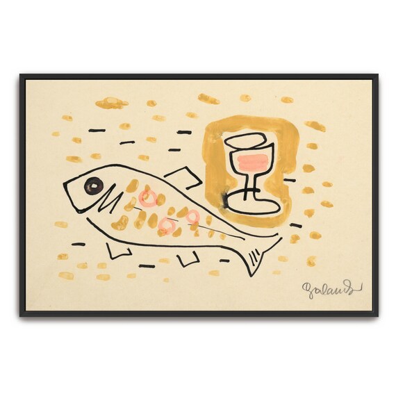 Framed Print Of Fish And Glass Of Wine Still Life Animal Print Yellow And Pink Living Room Art Print Abstract Artwork