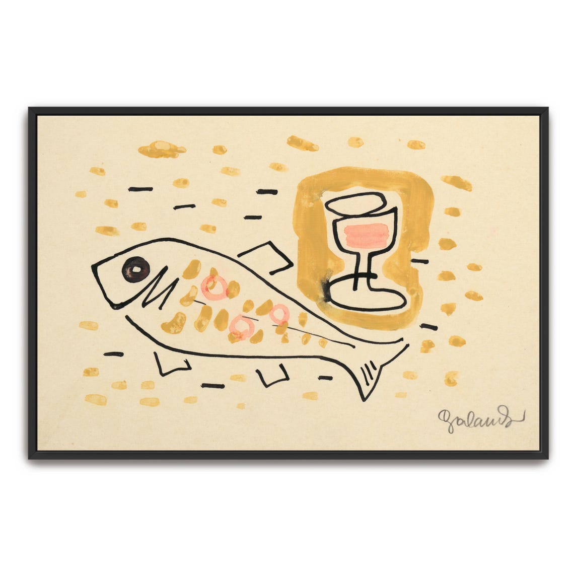 Framed Print Of Fish And Glass Of Wine Still Life Animal Print Yellow And Pink Living Room Art Print Abstract Artwork