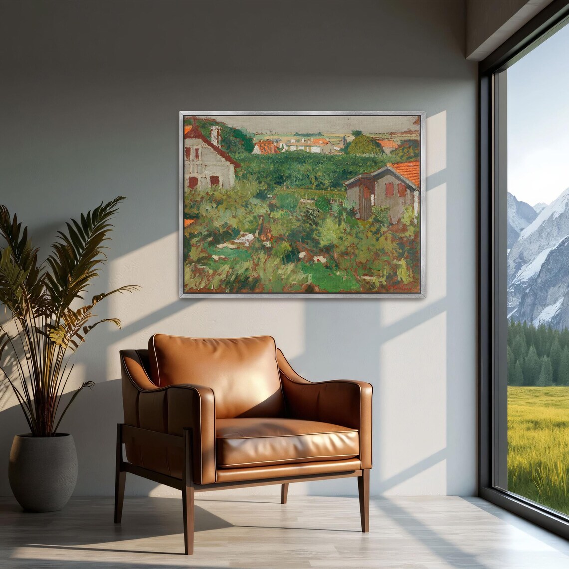 Framed Wall Art Of Houses And Trees In A Garden Landscape Wall Art Green And Brown Bedroom Art Red And White Contemporary Print - Image 3