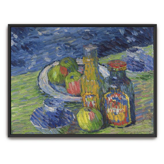 Large Framed Print Of Still Life With Bottles And Fruit Geometric Wall Art Blue And Green Living Room Artwork