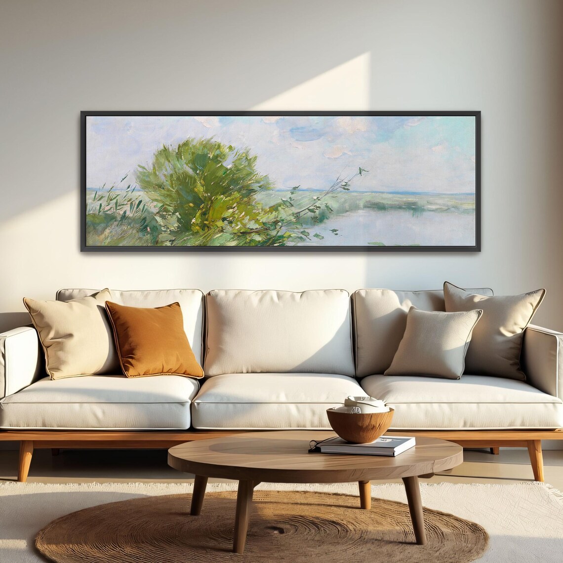 Impressionist Landscape With Green Trees And Water Panoramic Wall Art Horizontal Framed Art Above Bed Wall Art Bedroom And Living Room - Image 4