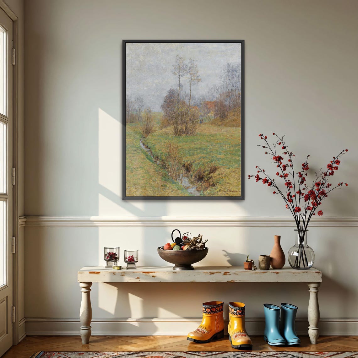 Framed Print Of A Stream Flows Through A Grassy Field Landscape Wall Art Green And Gray Living Room Art Print - Image 4