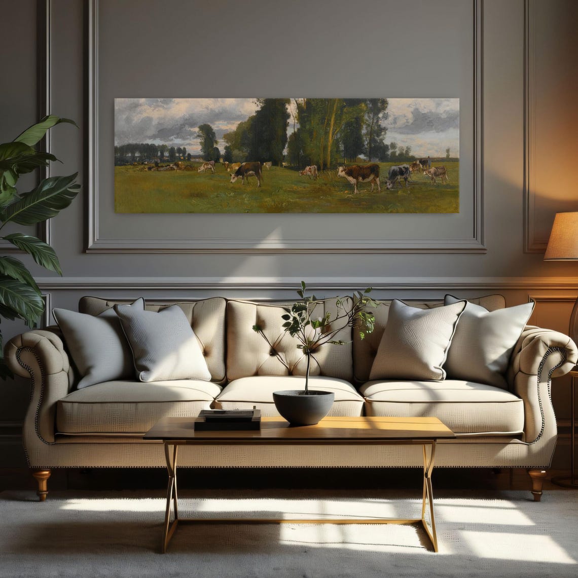 Cows Grazing in a Sunlit Green Pasture Under Tall Trees Poster - Image 2
