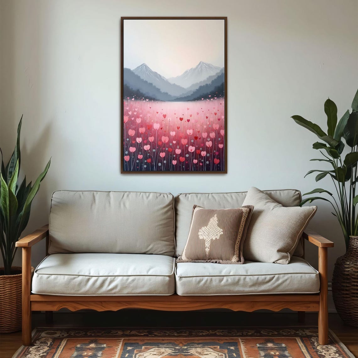 Field Of Pink Heart Shaped Flowers With Snowy Mountains Poster - Image 5