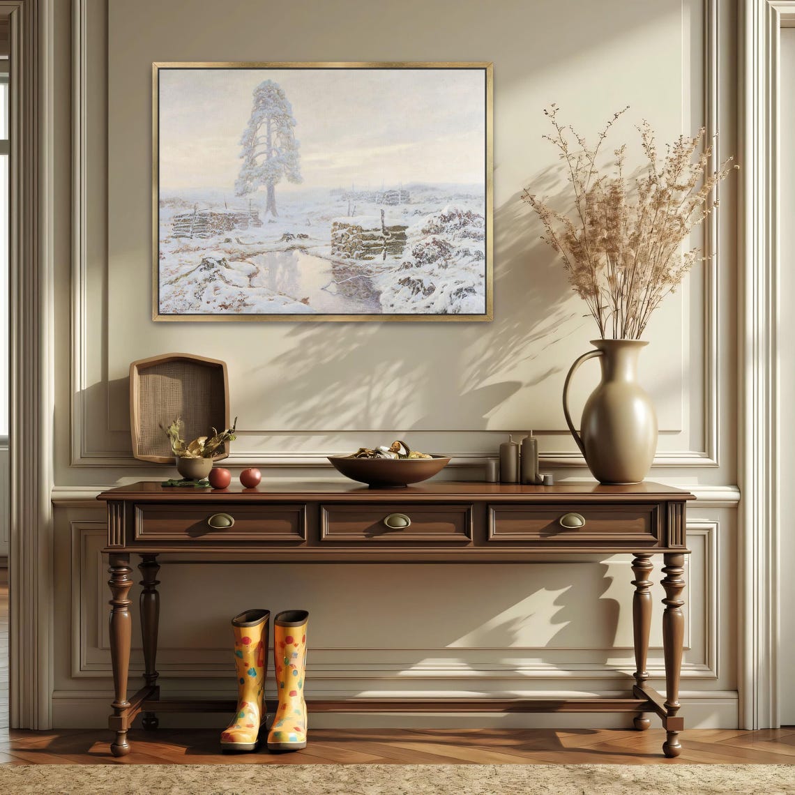 Snowy Landscape with Lone Pine Tree Frozen Stream Winter Poster - Image 2