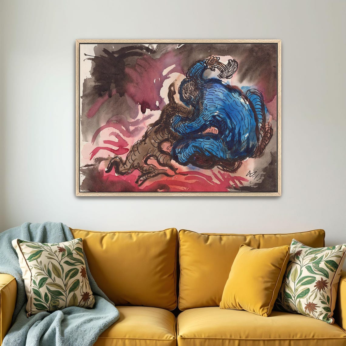 Blue Figure With Brown Beast Expressionist Watercolor Poster - Image 4