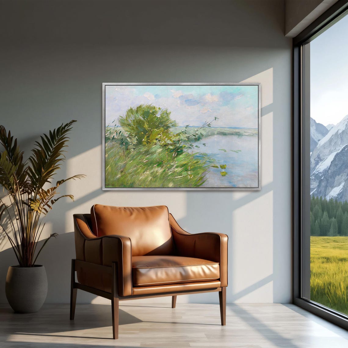 Sunlit Riverbank With Green Trees Impressionist Meadow Poster - Image 2
