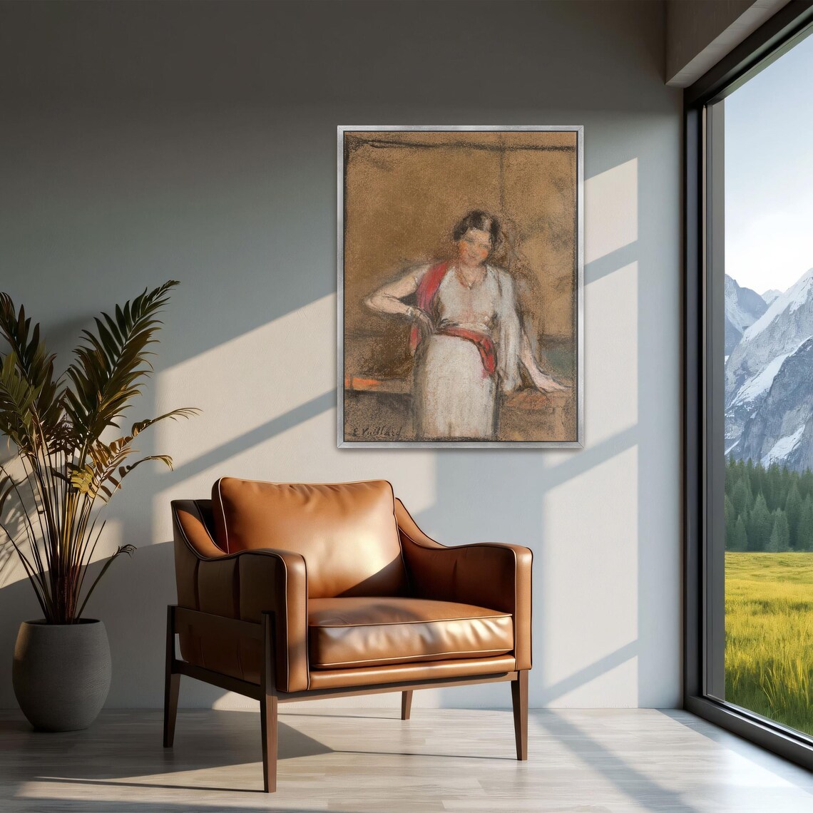 Standing Woman In White Dress With A Flowing Red Shawl Sketch Poster - Image 2
