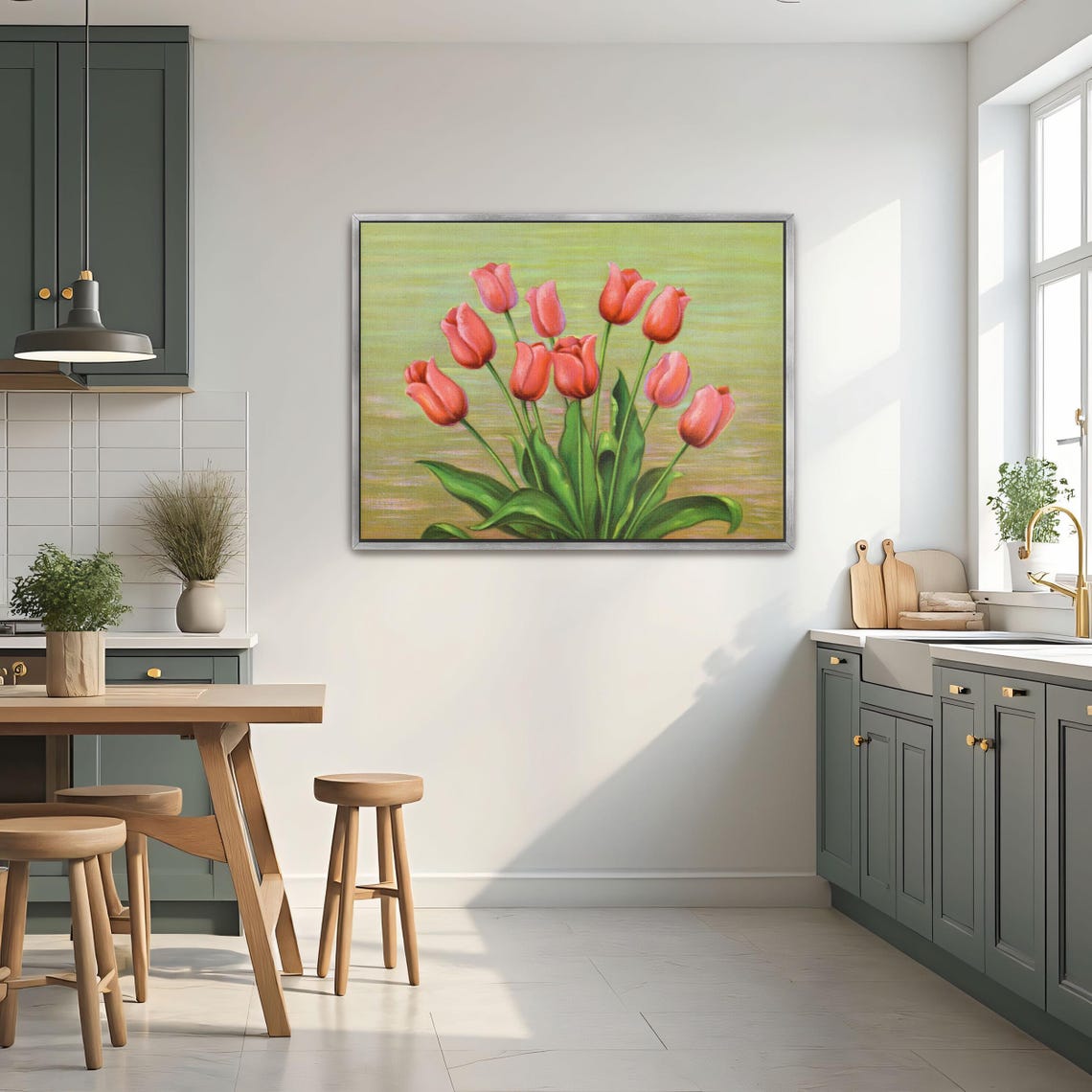 Red Tulips against a Green Background Contemporary Floral Poster - Image 3
