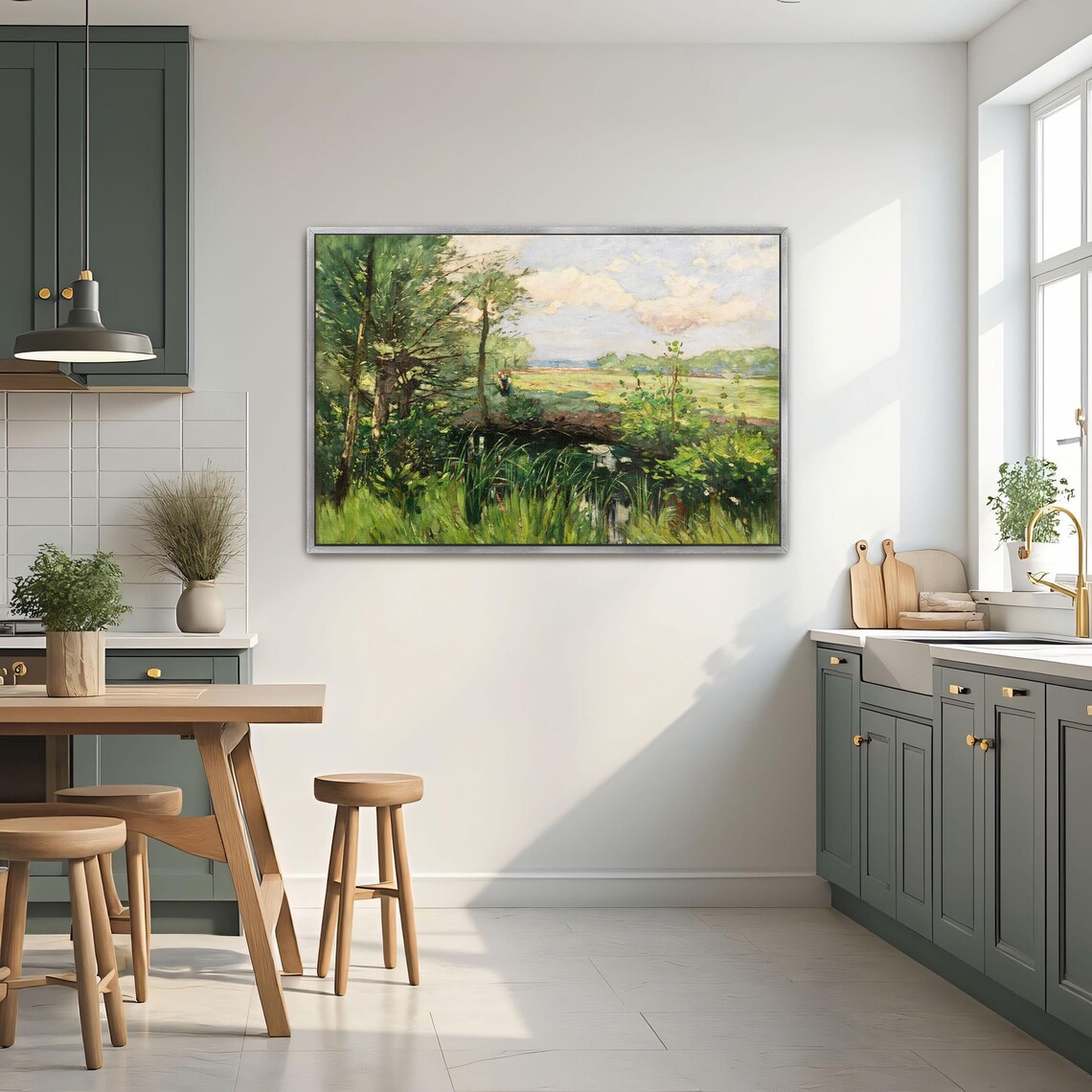 Framed Wall Art Of Forest River Landscape Landscape Wall Art Green And Brown Living Room Art Print Blue And White Boho Print