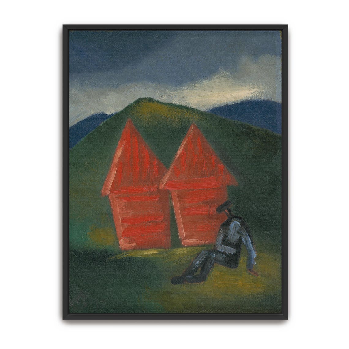 Two Red Barns on Green Hill with Seated Figure Expressionist Poster