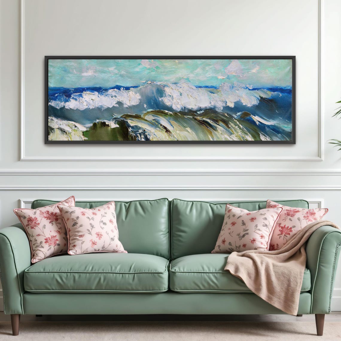 Impressionist Ocean Waves in Blue and White Panoramic Poster