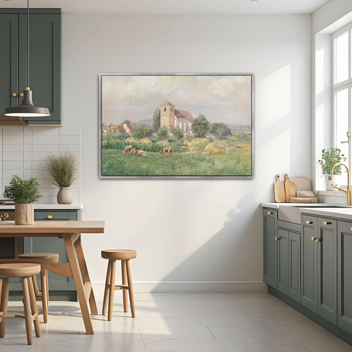 Village Church with Grazing Cows Pastoral Watercolor Scene Poster - Image 3