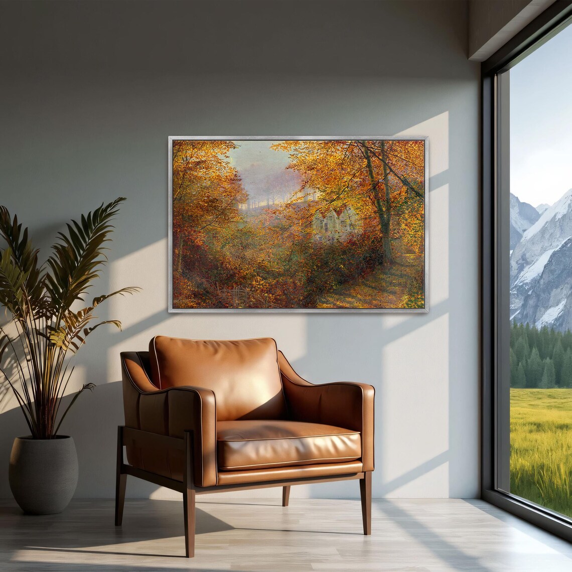 Framed Wall Art Of Autumnal Forest With House Landscape Print Brown And Green Bedroom Artwork Victorian Oil Painting - Image 2