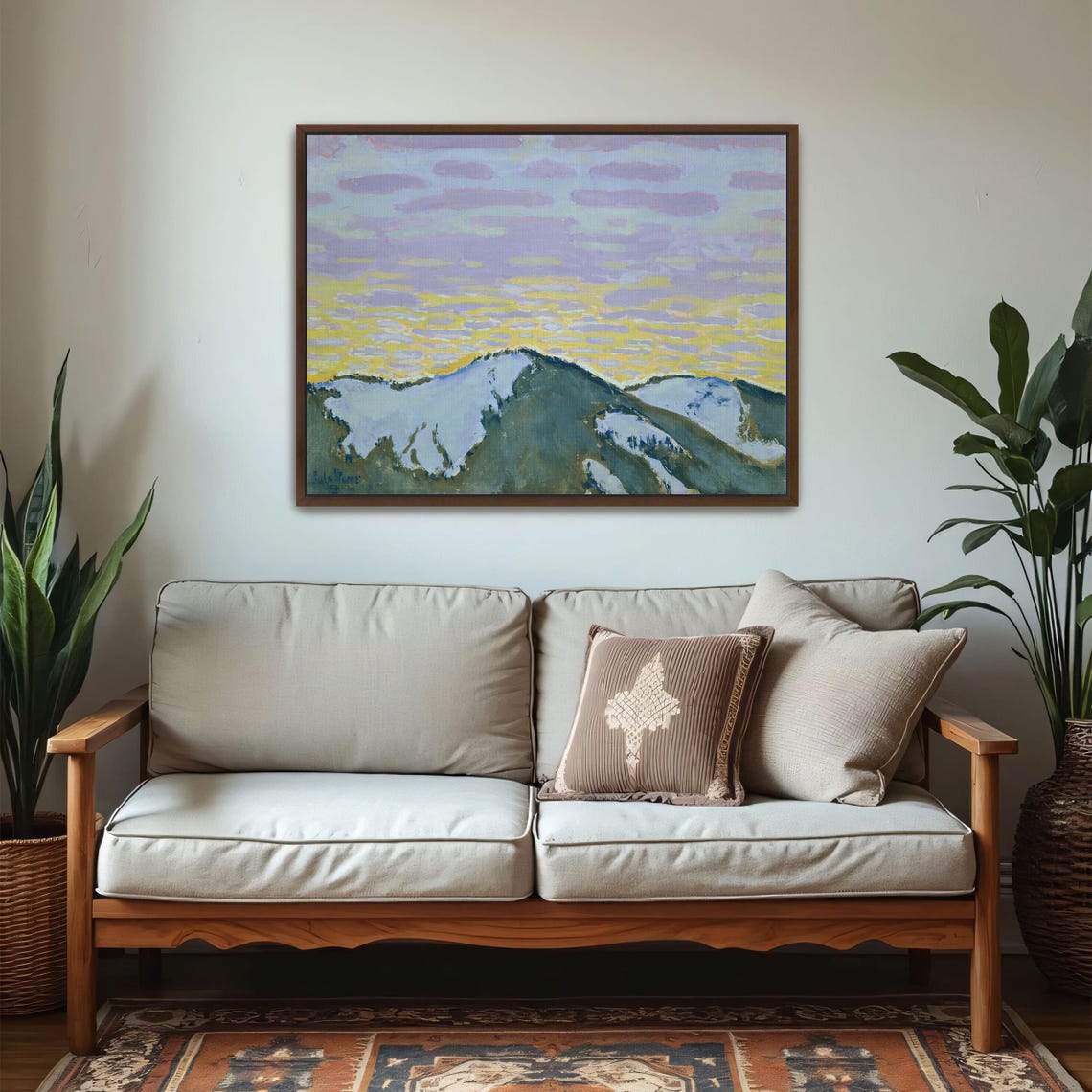 Large Framed Print Of Snowy Mountain Peaks At Dusk Mountain Print Purple And Yellow Entryway Art Print Abstract Art - Image 6